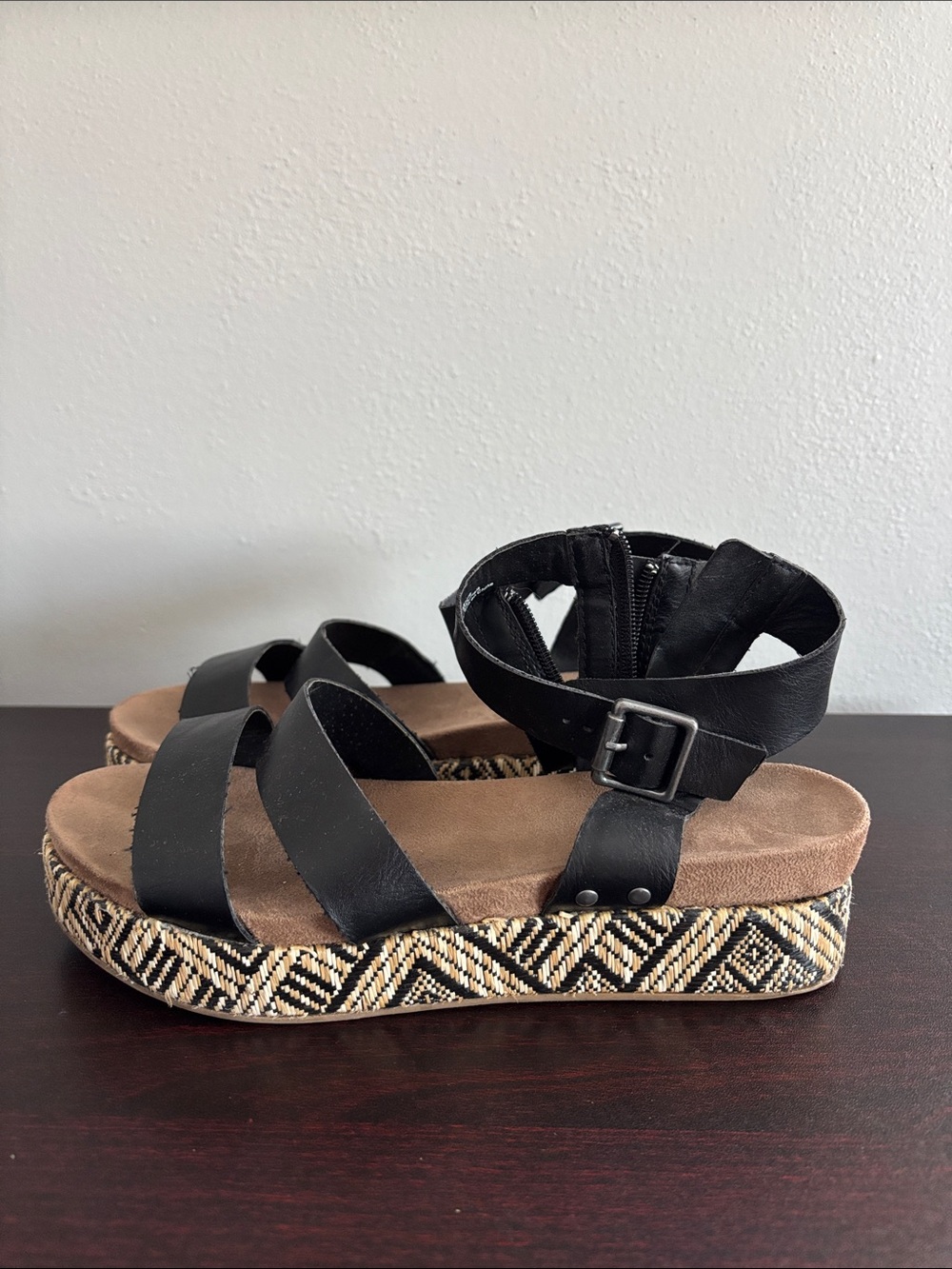Maurices Black Strappy Sandals with Patterned Wedge